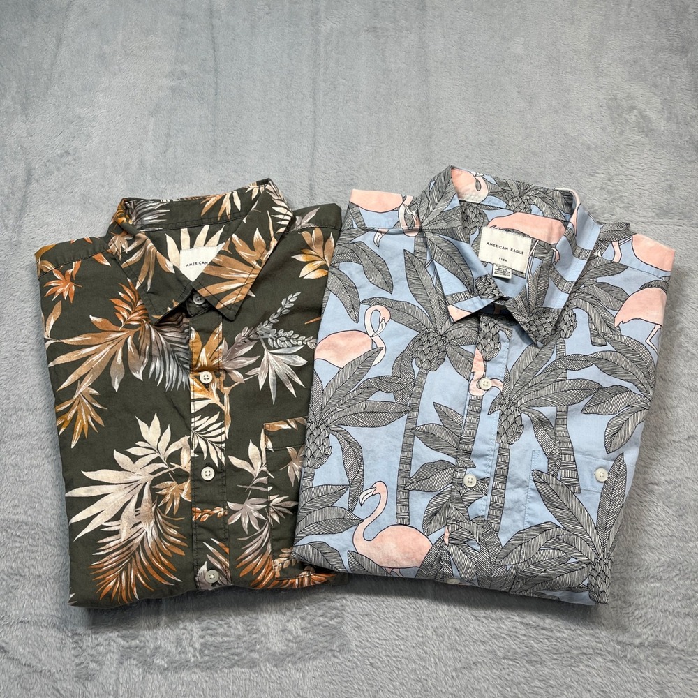 American Eagle Button Down Shirt Mens Multi Color Tropical Flamingo Lot of 2 XL